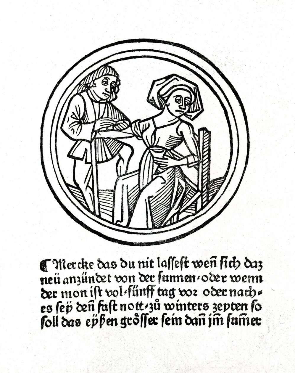 En kvinnes blødning. Xylografi i "Buch de Surgery" av Hyeronimus Braunschweig. Strasbourg 1497 av Unknown artist