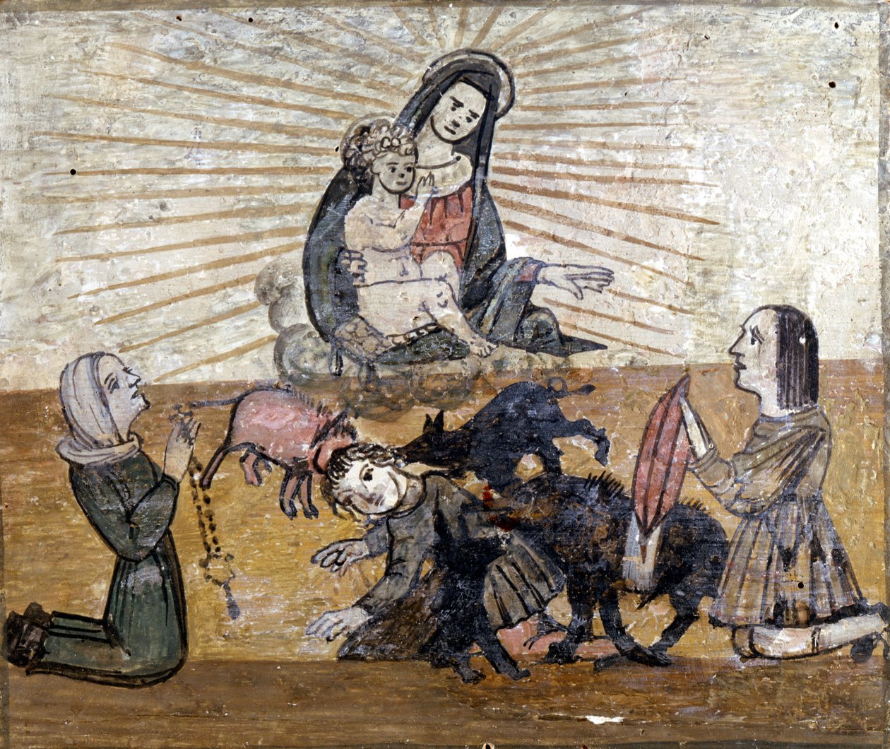 En ung gutt angrepet av en gruppe villsvin (villsvin). Ex voto fra 1500-tallet av helligdommen til Madonna del Monte nær Cesena (Forlí). av Unknown artist