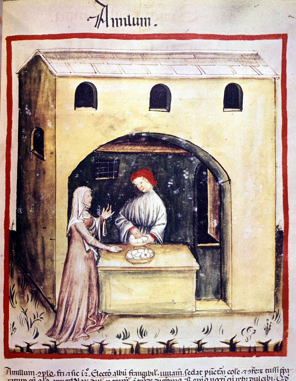 En ung kvinne kjøper egg fra en handelsmann. Belysning fra melking av medisin og diett "" Tacuinum sanitatis"" av Unknown artist
