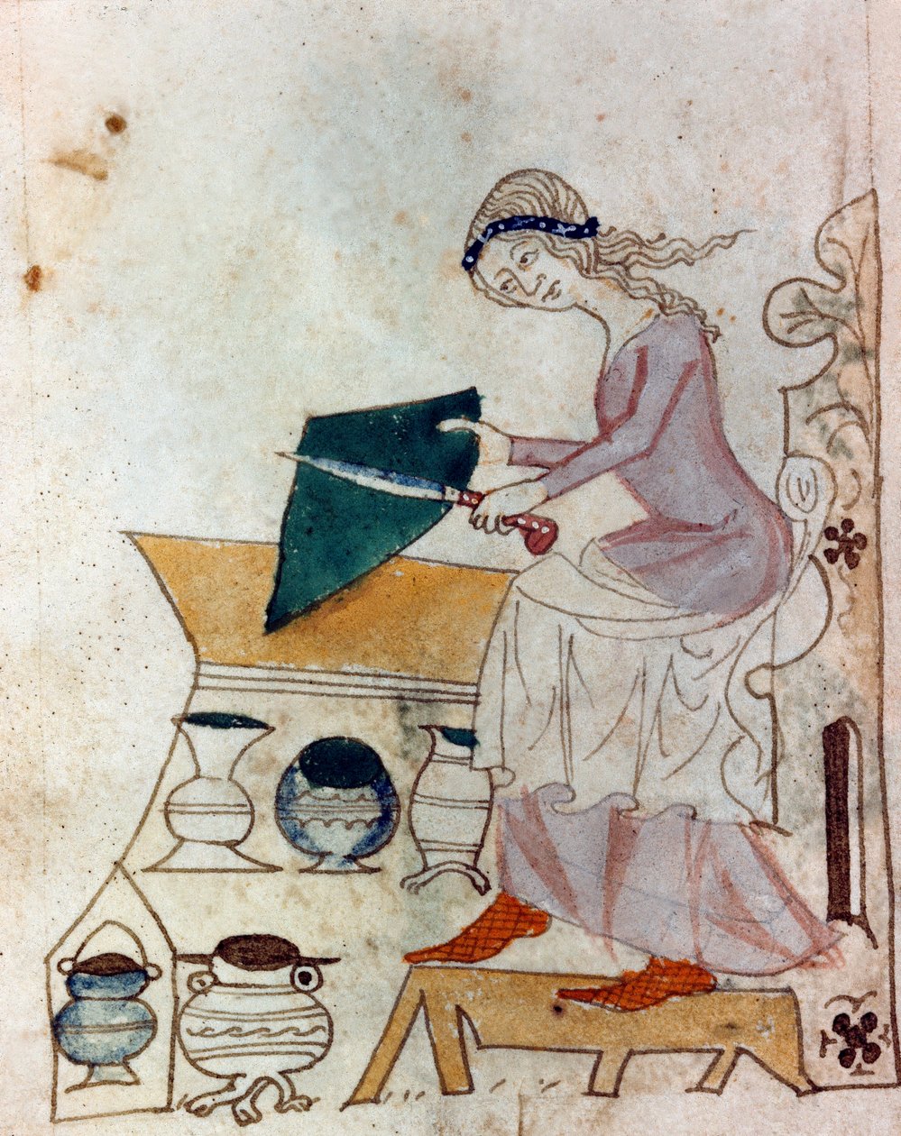 En ung kvinne som sliper en kniv. Miniatyr hentet fra et provençalsk manuskript av typen "" Dis des philosophes"" (MS Palat. 586) 1300-tallets Biblioteca Nazionale Florence av Unknown artist