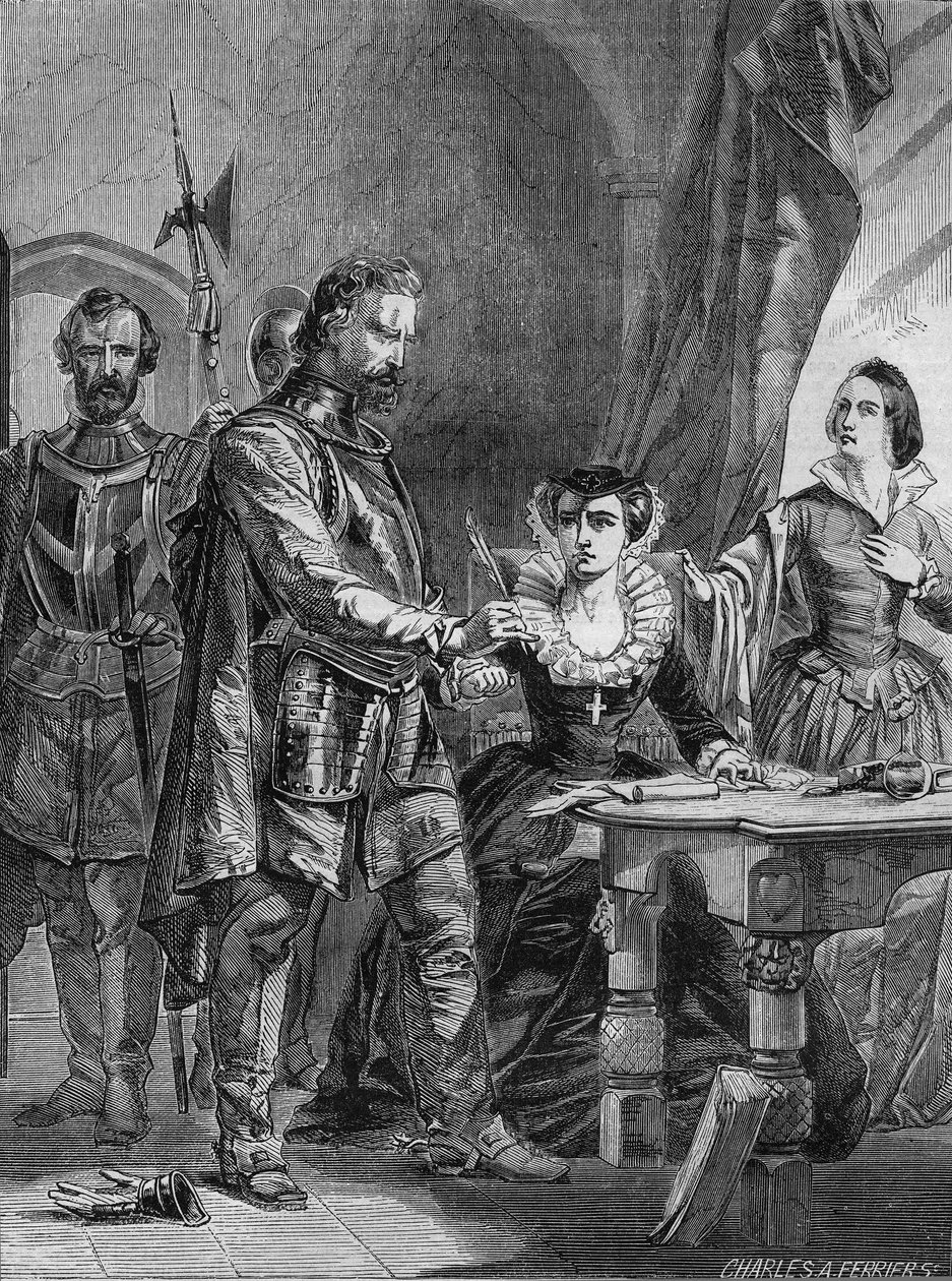 Abdication of Mary I Stuart (1542-1587), Queen of Scotland and France (1559-1560). Engraving from 1861. av Unknown artist