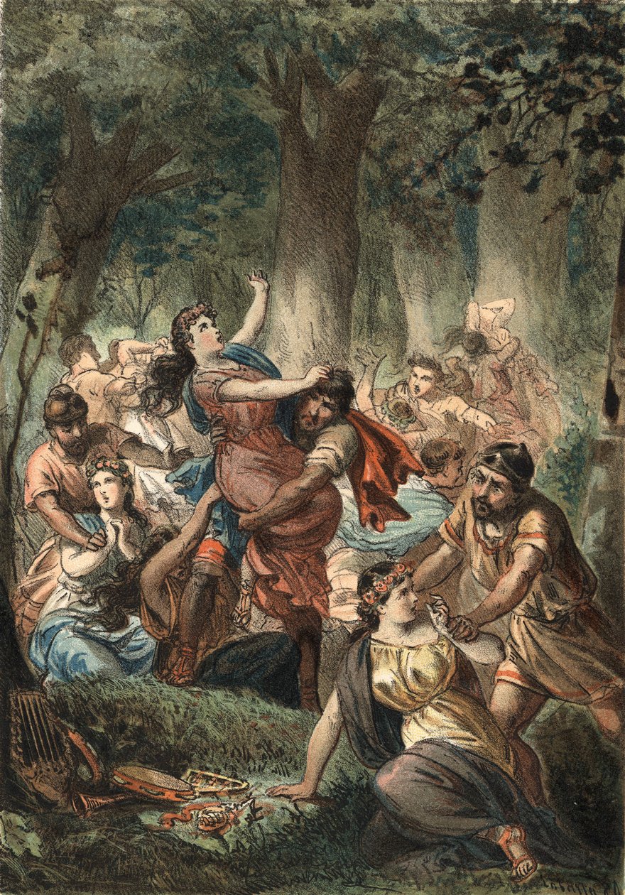Bortføring av sabinerne av romerne. Gravering av 1881.i "" The Cult of Beauty"" av Juan Justo Huguet, Molinas Hermanos redaktører av Unknown artist
