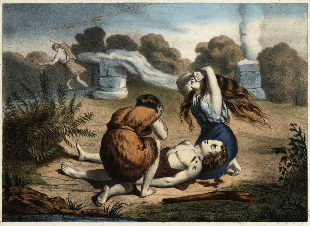 Abels død. Abel ofret en av sauene sine til Gud. Gud foretrakk dette offer fremfor fruktofferet til hans bror Kain. Denne, sjalu, myrder broren sin. Anonym gravering fra midten av 1800-tallet. av Unknown artist