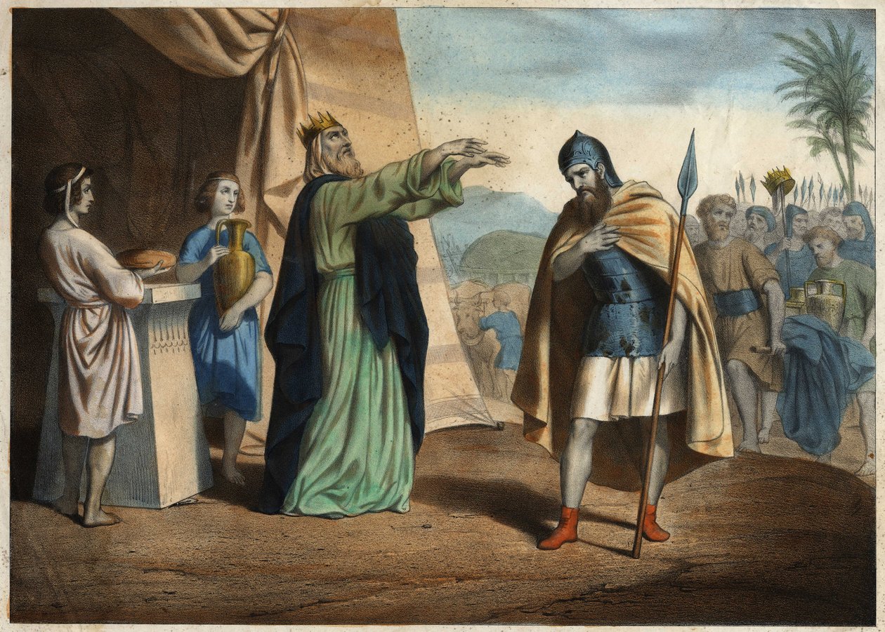 Abraham seierherrer av de fire klippene mottok velsignelsen av Melkisedek (Melchisedec eller Melchizedek eller Melkisedeq eller Melki-Tsedeq eller Melki Tsedeq), kongen av Salem. Anonym gravering fra midten av 1800-tallet. av Unknown artist