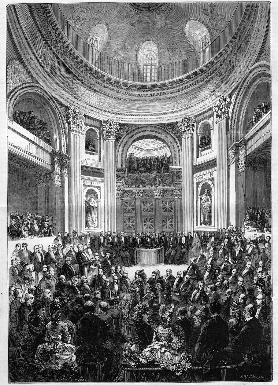 Academie Francaise: mottakelse av Henri d'Orleans, hertug av Aumale (1822-1897), fransk soldat, politiker og historiker, 3. april av Unknown artist