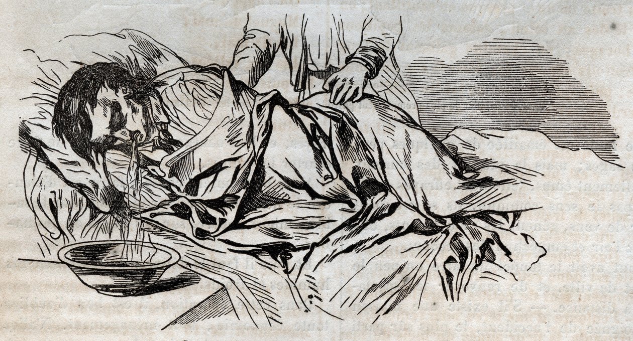Accident medicine - on the most effective relief to give to the drowned people - the walnut diapers on the side and vomiting the water he drank - engraving in “La Sante Universelle - Guide Medical des Familles” 1852 av Unknown artist