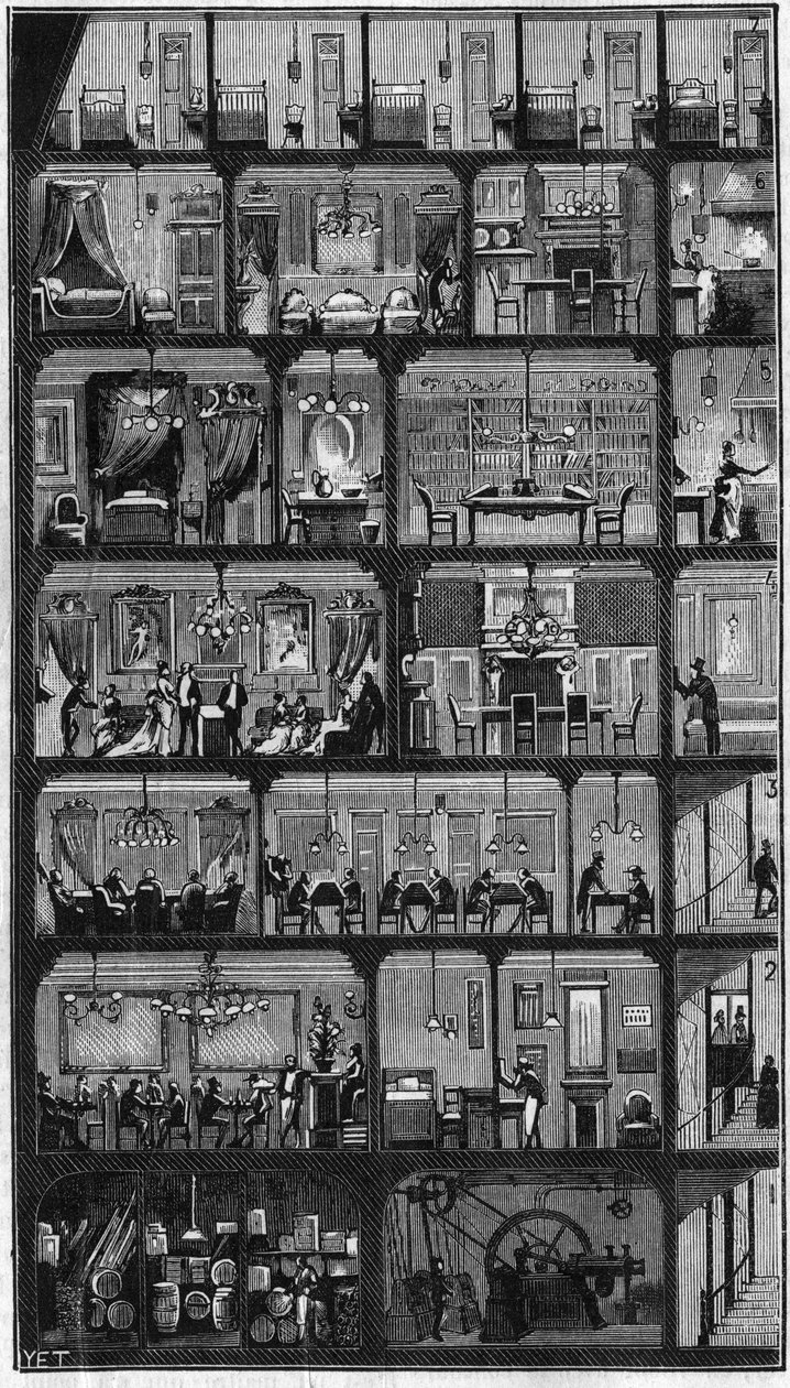 Accommodation in Paris - Cross section of a Haussmann building in Paris in 1885. Upstairs the good rooms and in the other floors, offices, apartments and reception room (meeting). Engraving in “” La Nature. Review of sciences and their applications to the  av Unknown artist
