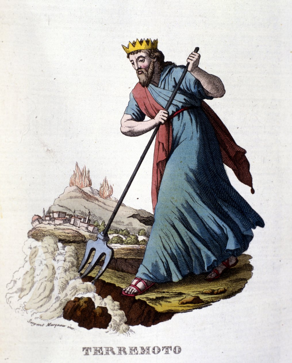I følge gresk mytologi er jordskjelv forårsaket av Neptun som ryster jorden med sin trefork. Gravering av 1800-tallet. av Unknown artist