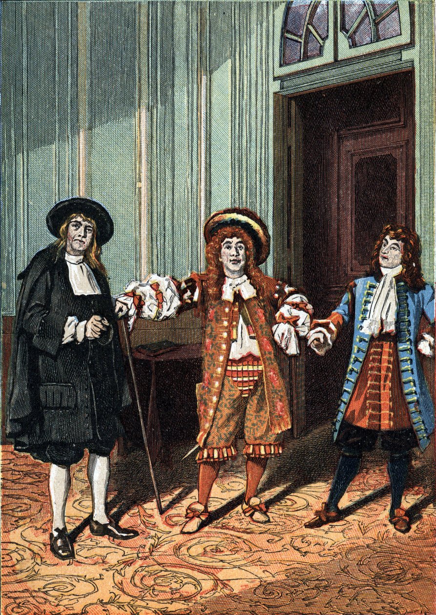 Akt II av «Le Bourgeois Gentilhomme»» komedieballett i fem akter i prosa av Moliere. Mesterfilosofen (Mr. Lenoir), mester i dans (Mr. Truffier), Mr. Jourdain (Mr. Coquelin yngre). Rundt 1890. av Unknown artist