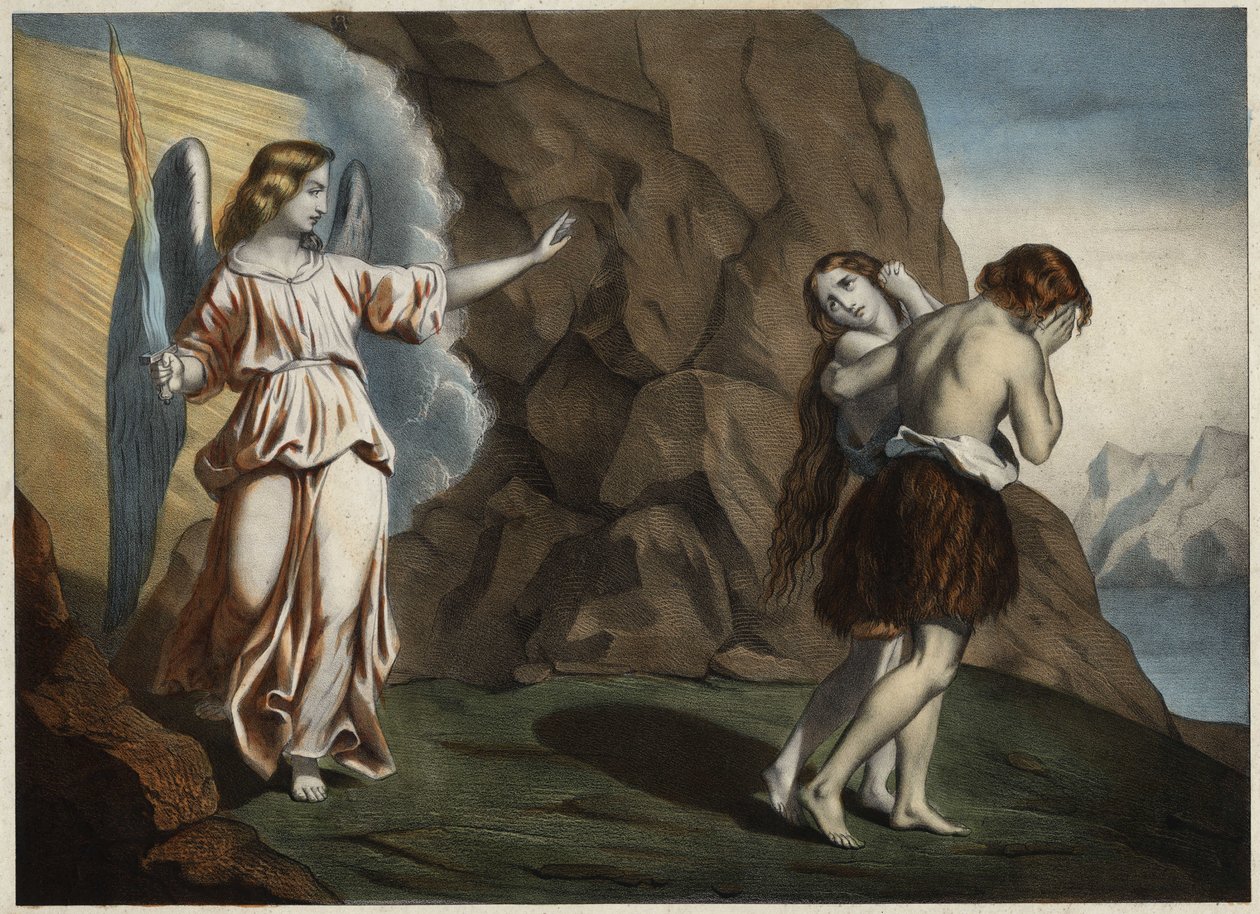 Adam and Eve chased from Paradise. Anonymous engraving from the middle of the 19th century. av Unknown artist