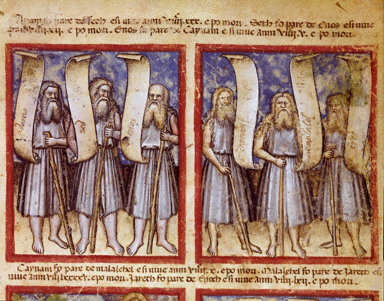 Adams slektsregister følges av Seth, Enoch (Henoch eller Enosh) Kenan, Mahalalel (Mahalaleel) og Jared (eller Yared), de store patriarkene til miniatyrbibelen hentet fra kodeks 212 (eller padovano eller bibel fra Padova) 1390-1400 Rovigo, Accademia dei Con av Unknown artist