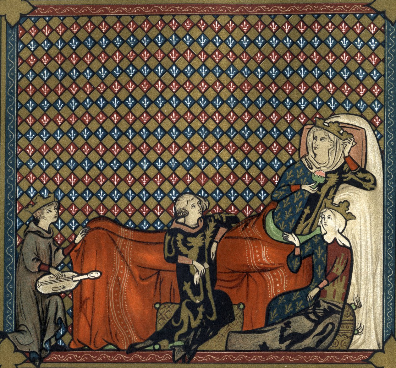 Adenet le Roi (ca. 1240- ca. 1300), poet og menestrel, resiterer Cleomades sin roman, før Mathilde de Brabant (1224-1288) og prinsesse Blanche av Castilla (datter av Saint Louis). Faksimile i kromolitografi fra 1800-tallet etter en miniatyr av Unknown artist