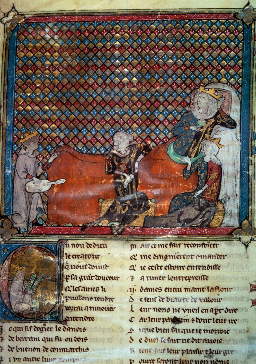 Adenet le Roi (ca. 1240 - ca. 1300), poet og menestrel, resiterer Cleomades sin roman, før Mathilde de Brabant (1224-1288) og prinsesse Blanche av Castilla (datter av Saint Louis). Miniatyr fra en samling fransk dikt av Unknown artist