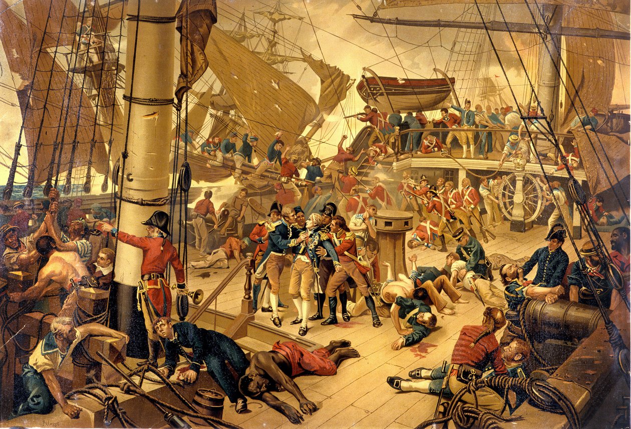 Admiral Nelson såret alvorlig på Victory Bridge under slaget ved Trafalgar 21.10.1805. av Unknown artist