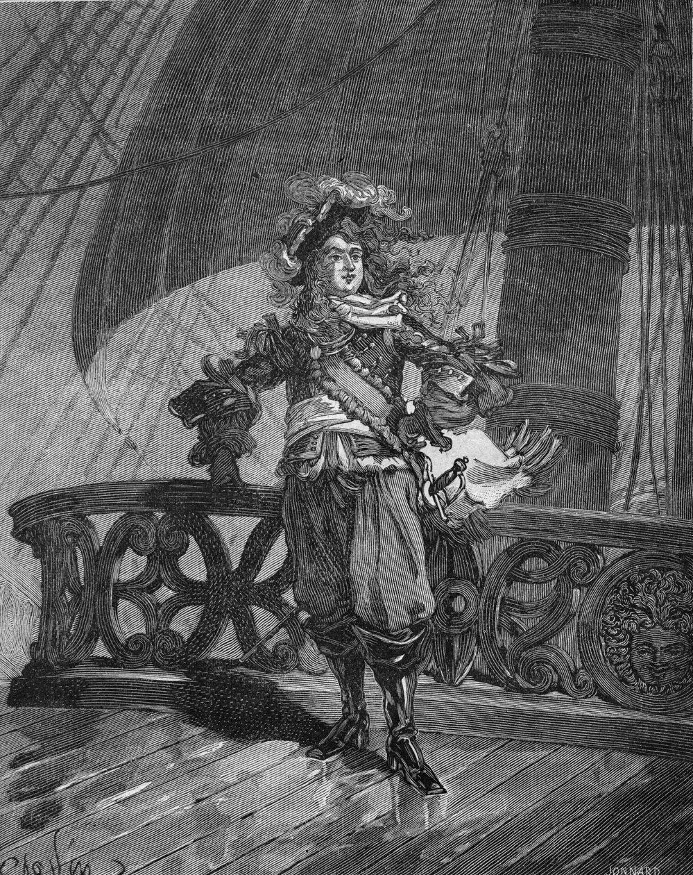 Admiral Tourville (Anne Hilarion av Costentin (Cotentin), greve av Tourville (1642-1701). på skipet "Soleil Royal". Gravering fra 1800-tallet. I "Histoire de France" av Jules Michelet av Unknown artist
