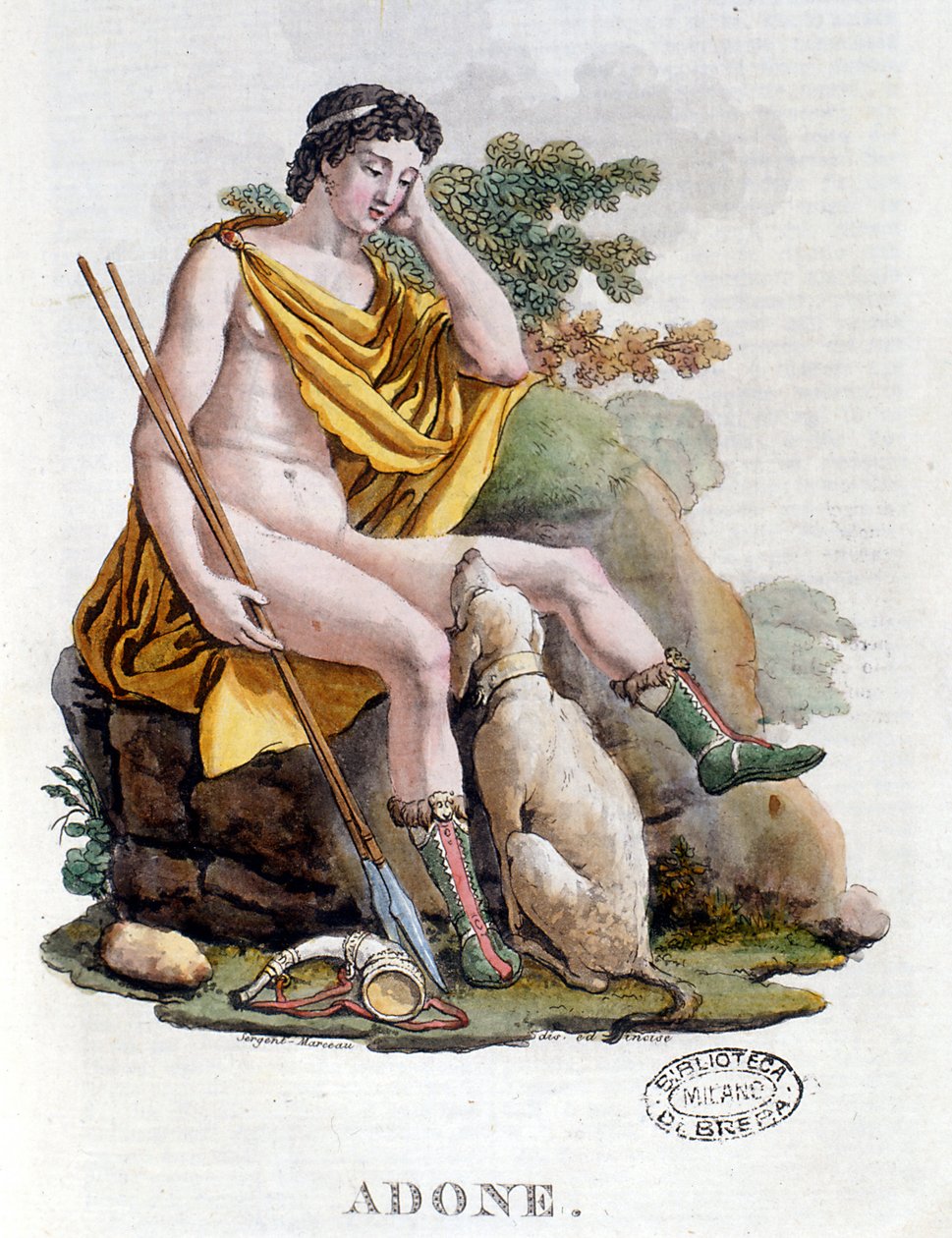 Adonis. Gresk gud av fønikisk opprinnelse. 1800-talls gravering. Biblioteca nazionale Braidense. Milan av Unknown artist