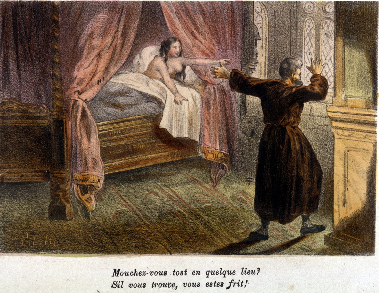 Utroskap: en overrasket munk som prøver å gjemme seg og en naken kvinne i sengen. Litografi sd. tidlig på 1800-tallet. av Unknown artist