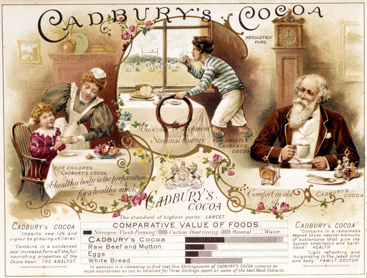 Annonsering av Cadbury's Cocoa: reklamen legger vekt på drikkens ernæringsmessige verdier, tilpasset behovene til barnet, de eldre og idrettsutøveren, kromolitografi fra 1800-tallet. av Unknown artist