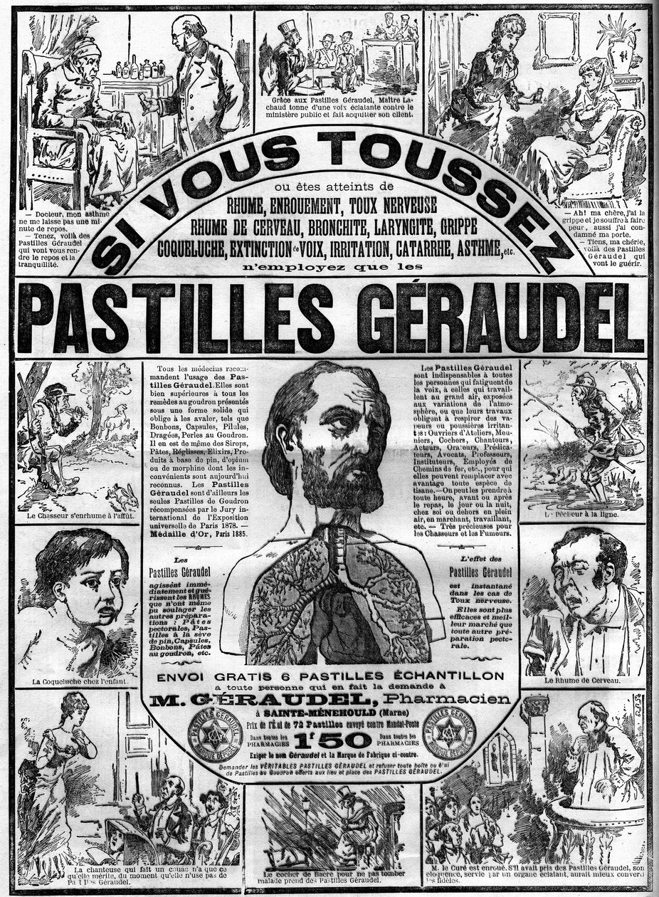 Reklame for Geraudel-tabletter av farmasøyt Arthur Geraudel (1841-1906) en Sainte-Menehould (Sainte Menehould) mot hoste. Gravering i "" Le monde illustrious"" av Unknown artist