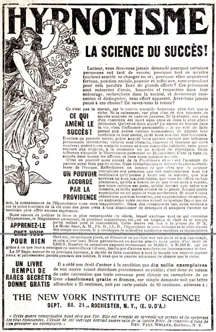 Reklame for en hypnosebok - i "" Le Petit Journal"" av Unknown artist