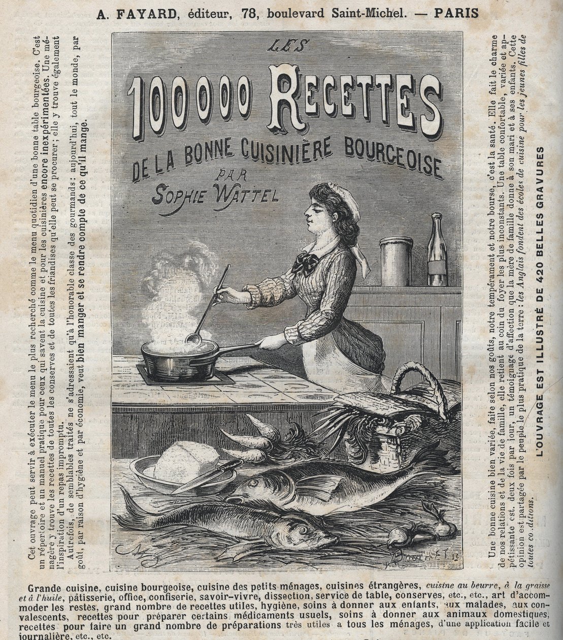 Advertising for the book “Les hundred thousand recipes de la bonne cuisiniere bourgeoise”” by Sophie Wattel (Grande cuisine, bourgeois cuisine, cuisine des petits menages, cuisine of foreign cuisines, pastry, office, confectionery, savoir-vivre, dissection av Unknown artist
