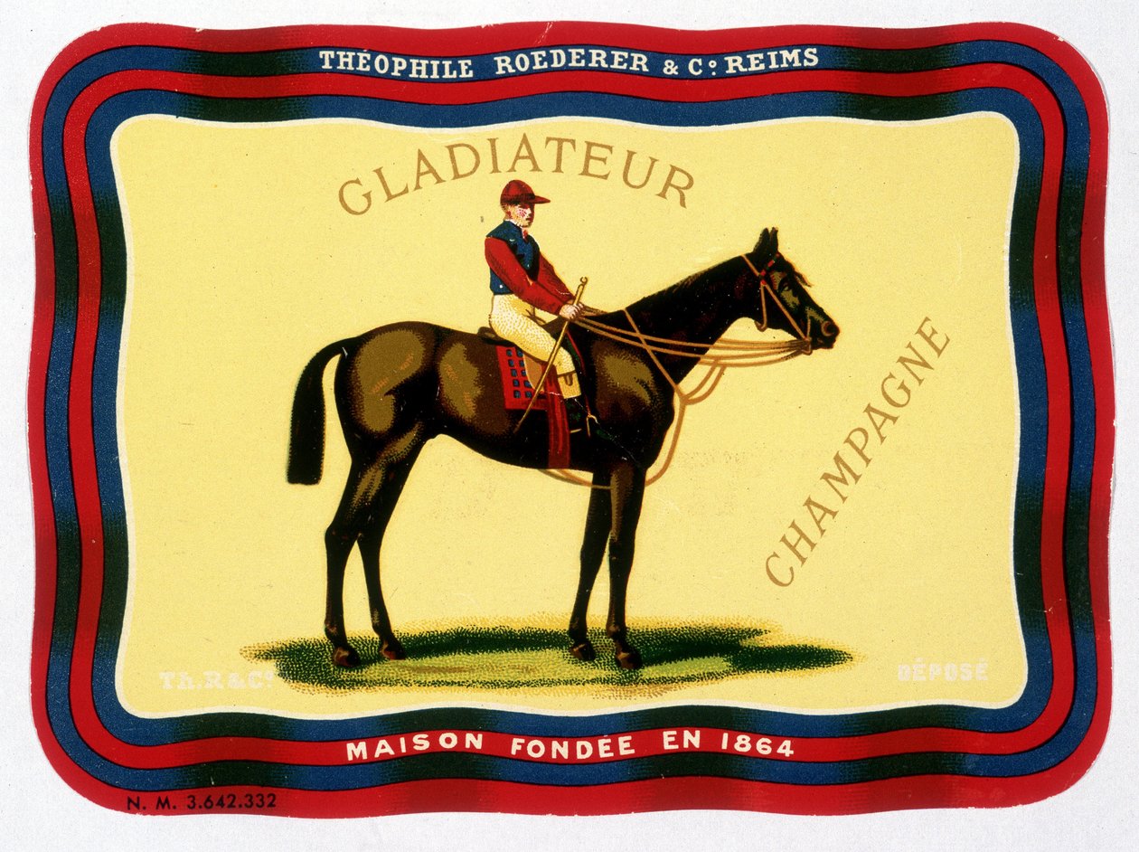 Reklamemerke for "" Gladiateur Champagne - Théophile Roederer & C¡. Reims - Hus grunnlagt i 1864”. Kromolitografi n.d.. av Unknown artist