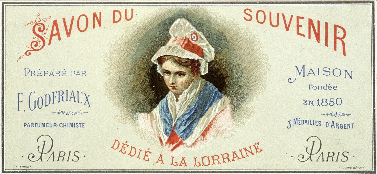Reklameetikett for "Soap du souvenir, utarbeidet av F. Godfriaux - Maison grunnlagt i 1850". Kromolitografi 1800-tallet. av Unknown artist