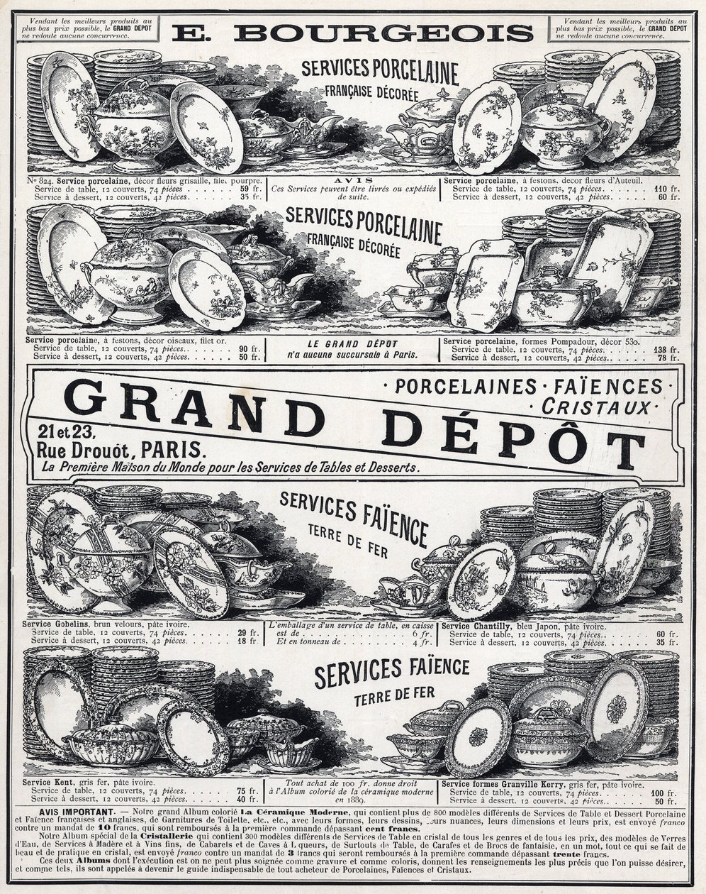 Reklame fra 1889 for "" La Ceramic Moderne av Le Grand Depot De Porcelaines, Faiences Et Verreries Bourgeois i Paris"" av Unknown artist