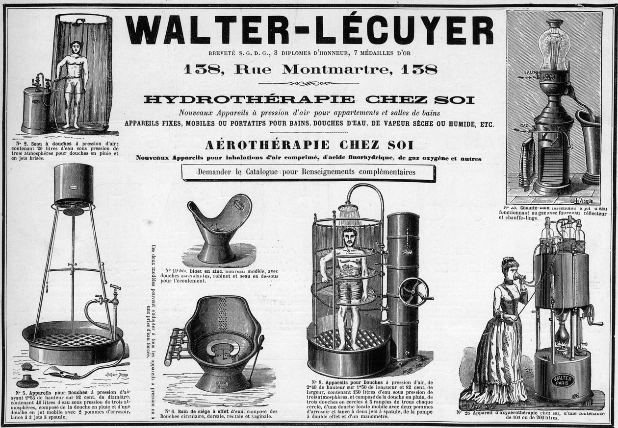 Annonsering av 1889 for mobilarmaturer for bad, vanndusjer, tørr eller våt damp, bidet, merke Walter-Lecuyer (Walter Lecuyer). av Unknown artist