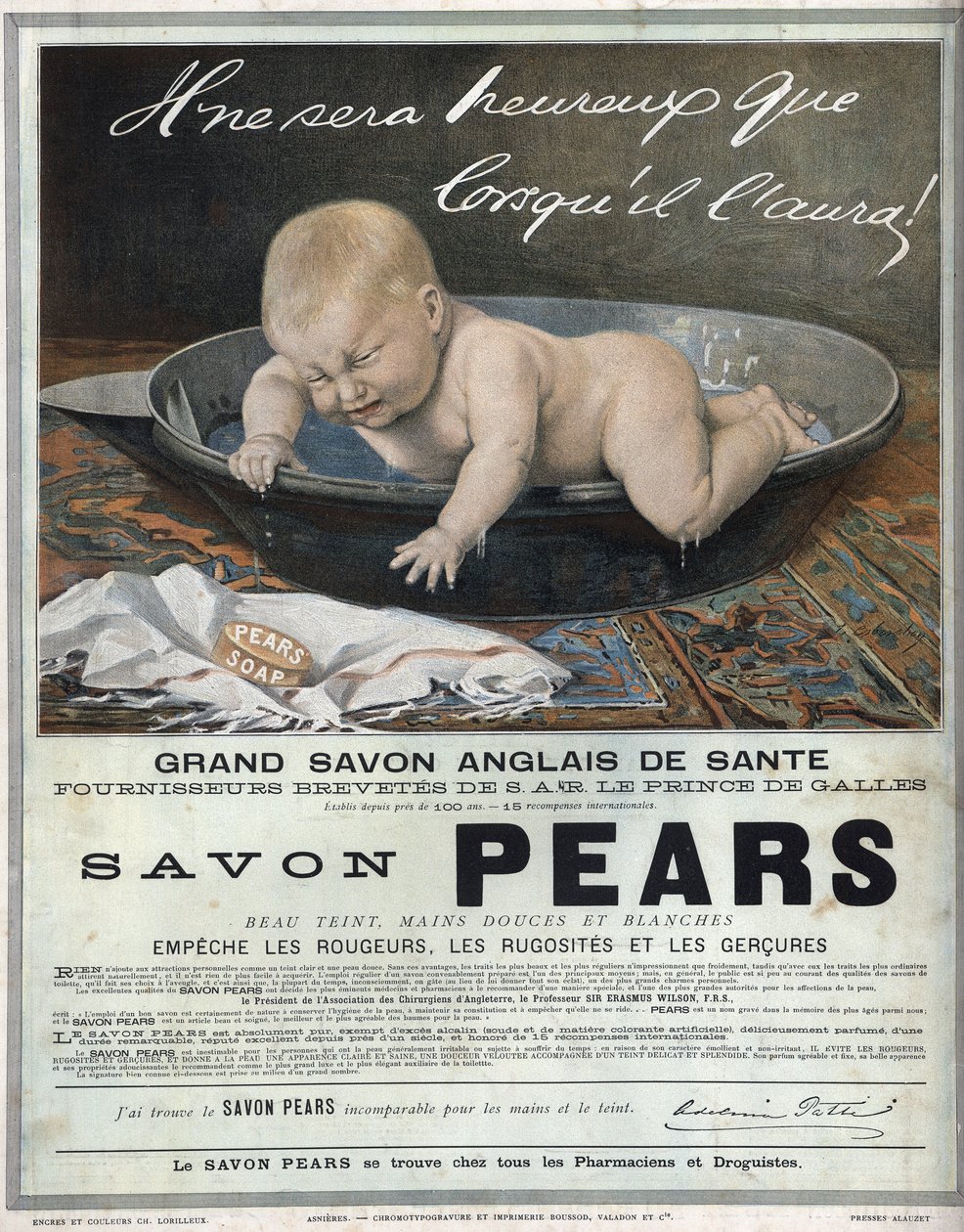 Advertising of 1889 for the English soap “” Pears”” great English health soap. A baby in his bath makes a whim (cry) and tries to catch the soap. av Unknown artist