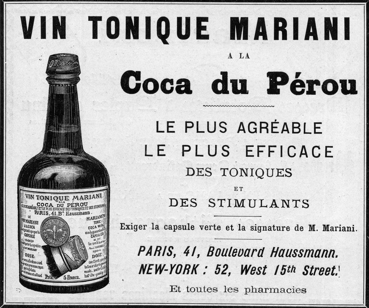 Advertising of 1889 for the “” Wine tonic Mariani a la coca du perou”” (Cocaine) av Unknown artist