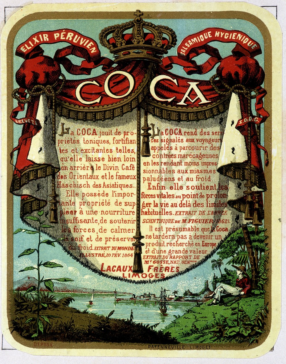 Reklame for Coca (produkt utvunnet fra kokain): "" The Peruvian Balsamic Hygienic Exilir COCA"", kromolitografi fra 1800-tallet. av Unknown artist