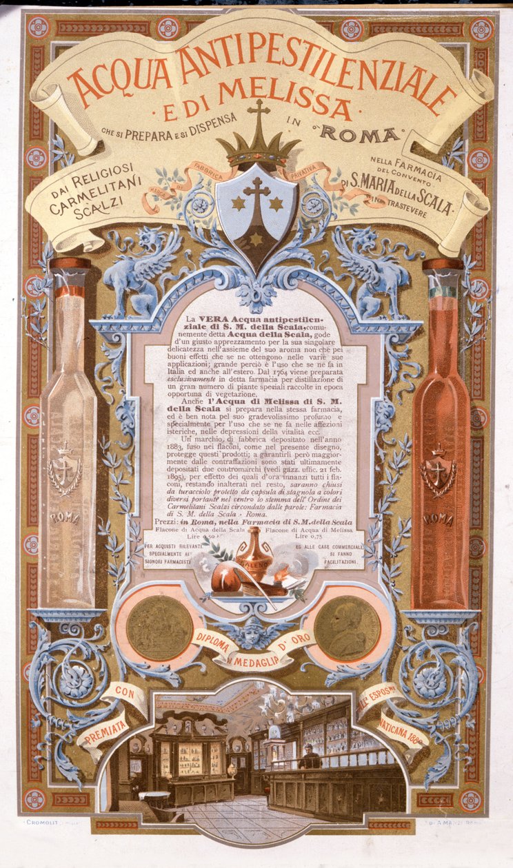 Reklame for velduftende vann: vann mot sitronmelissepest. kromolitografi fra 1895 av Unknown artist