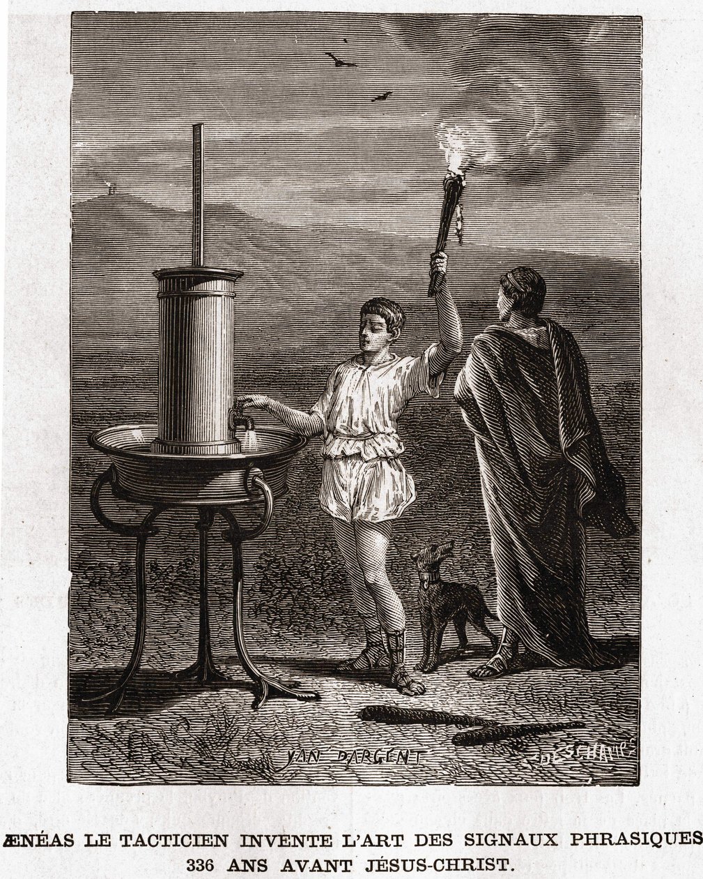 Aenéas the Tactician invents the art of phrasic signals, 366 BC. Engraving 19th century, bianchetti collection av Unknown artist