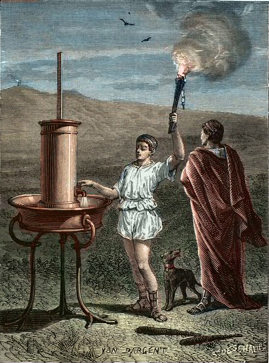 Aeneas Tacticus eller taktikeren finner opp faset signalsystem 336BC - Enee le Taccien - Aeneas le taktikeren oppfinner kunsten å uttrykke signaler i 336 f.Kr. - Taktikeren Aeneas oppfant kunsten å uttrykke signaler i 336 f.Kr. av Unknown artist