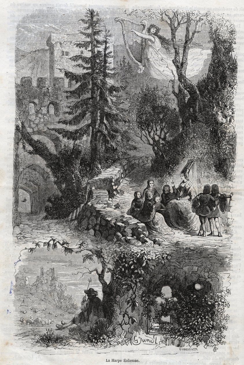 Eolisk harpe - blåseharpe - Arpa eolia - Blåseharpe - musikkinstrument spilt av vinden - gravering fra 1860 av Unknown artist