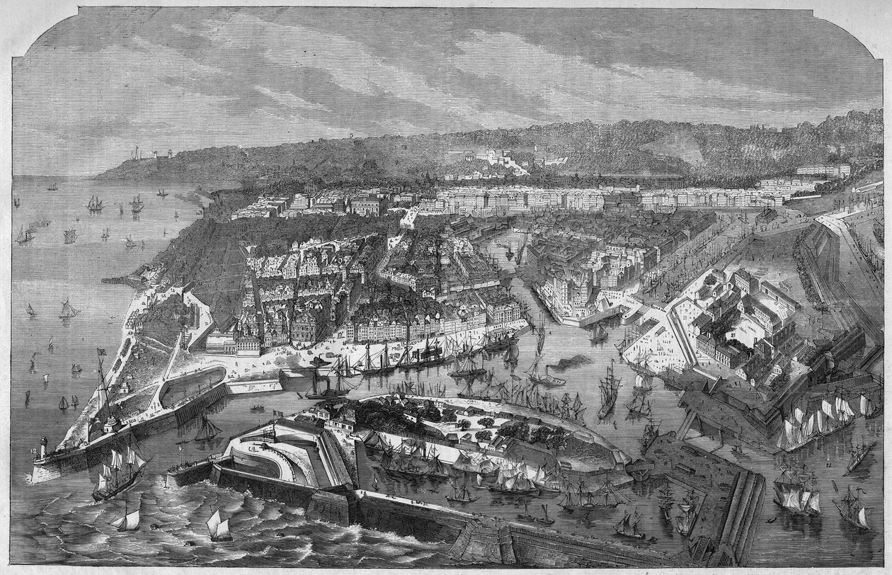 Aerienne view of the port and the city of Le Havre, Seine-Maritime (Seine Maritime), Normandy, France. Engraving in “” L