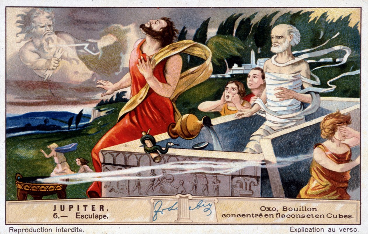 Aesculapus dør, sprengt av Jupiter, for å gjenopplive de døde - Oxo-kromolitografi, produserte Liebig av Unknown artist