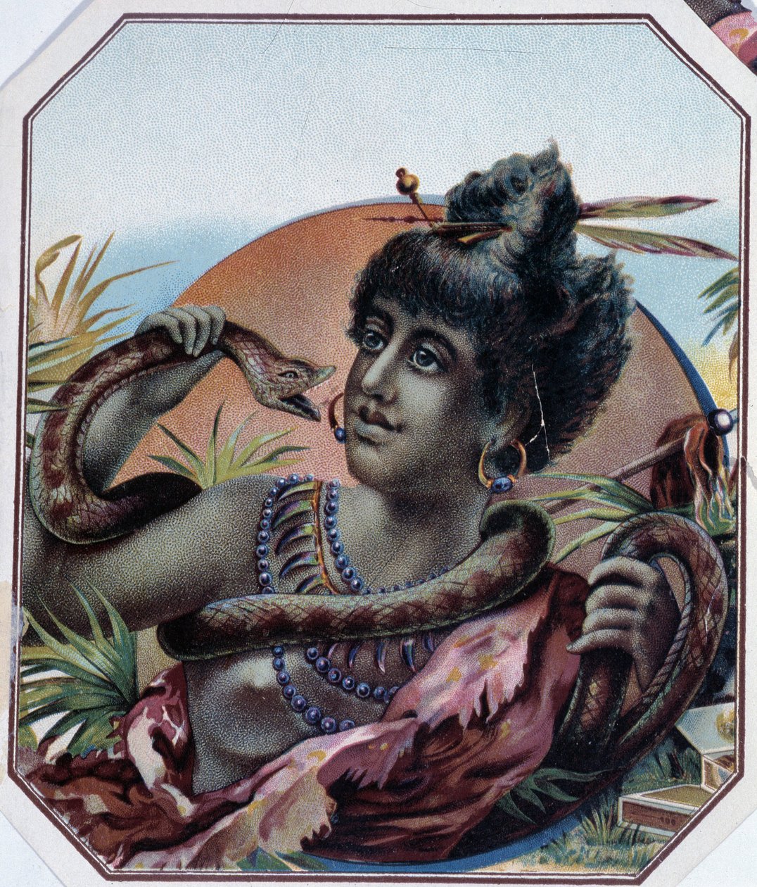 Afrikansk svart kvinne og slange - Sigarboksetikett, sent på 1800-tallet av Unknown artist