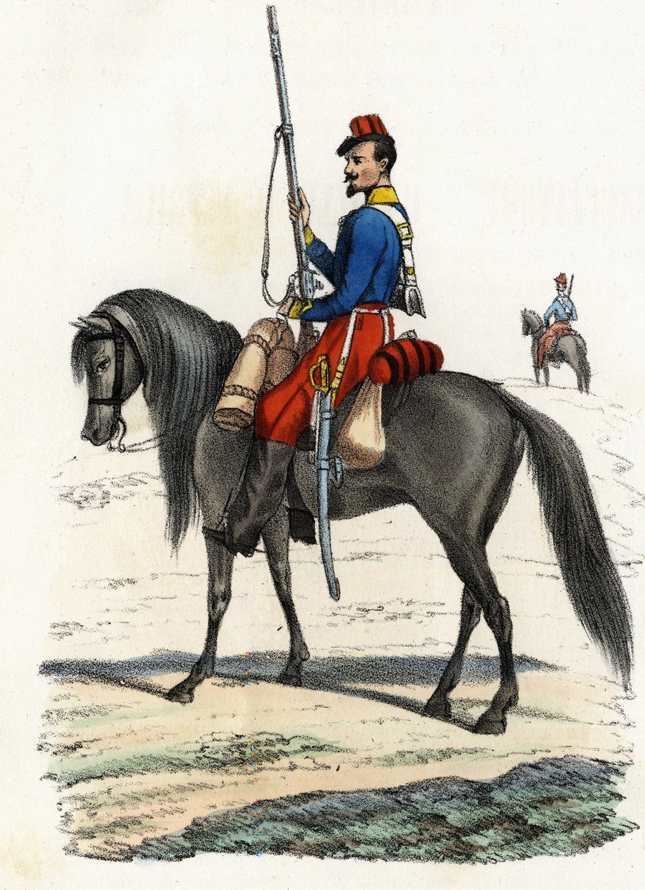Afrikansk jeger til hest, regiment dannet i 1831 og tilstede i Algerie i 1832. I “” Storia d
