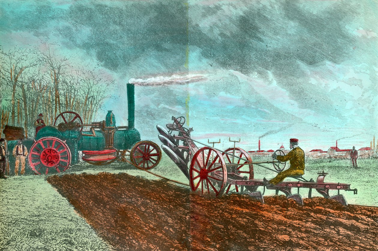Landbruksarbeid og fremdrift: damppløying. Gravering av 1800-tallets privatsamling av Unknown artist