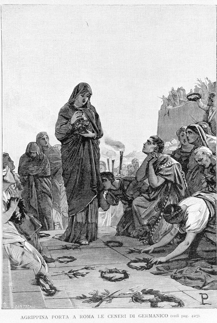 Agripin den eldste (14 f.Kr. - 33) bringer asken etter ektemannen Germanicus til Roma for å søke rettferdighet fra Tiberius for hans død. av Unknown artist