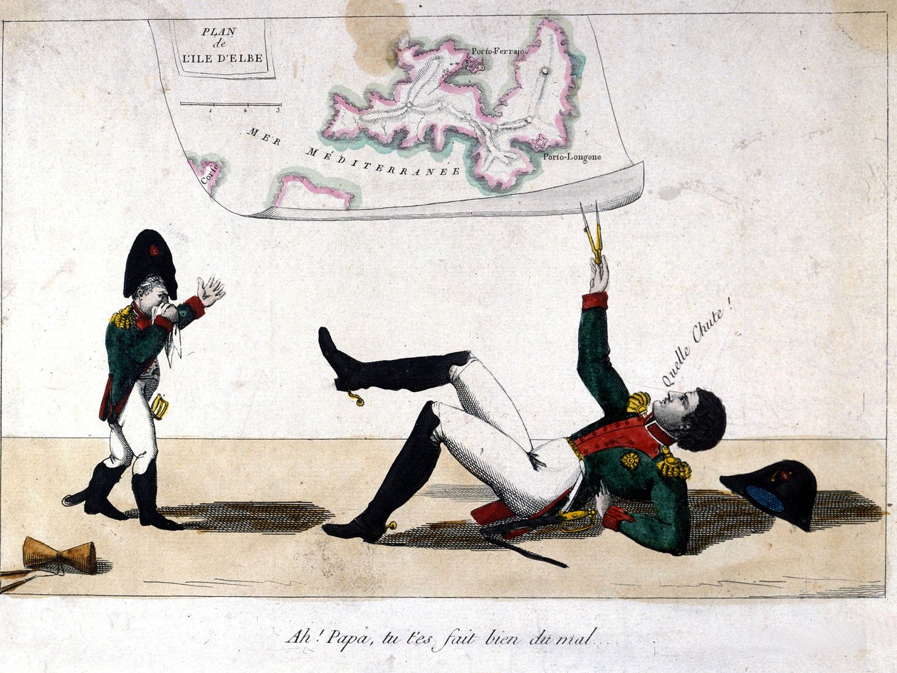 Ah, pappa, du skadet deg selv. Tegneserie om eksilet til Napoleon Bonaparte på øya Elba. av Unknown artist