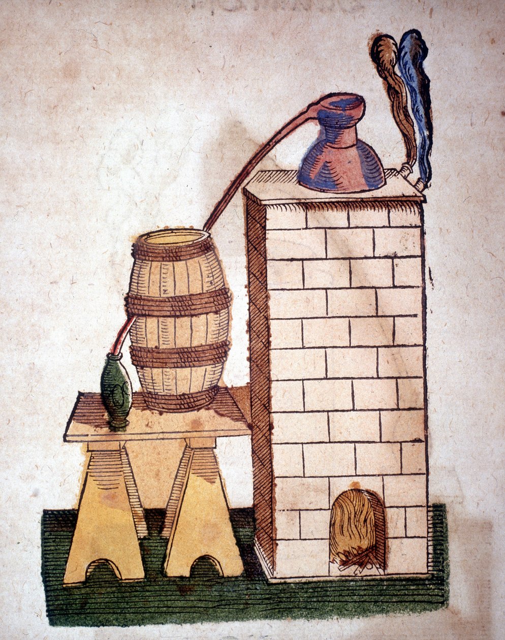 Alkymi: apparat for destillasjon. Gravering fra en bok av Pietro Andrea Mattioli (Matthiole) (1500-1577). Frankfurt av Unknown artist
