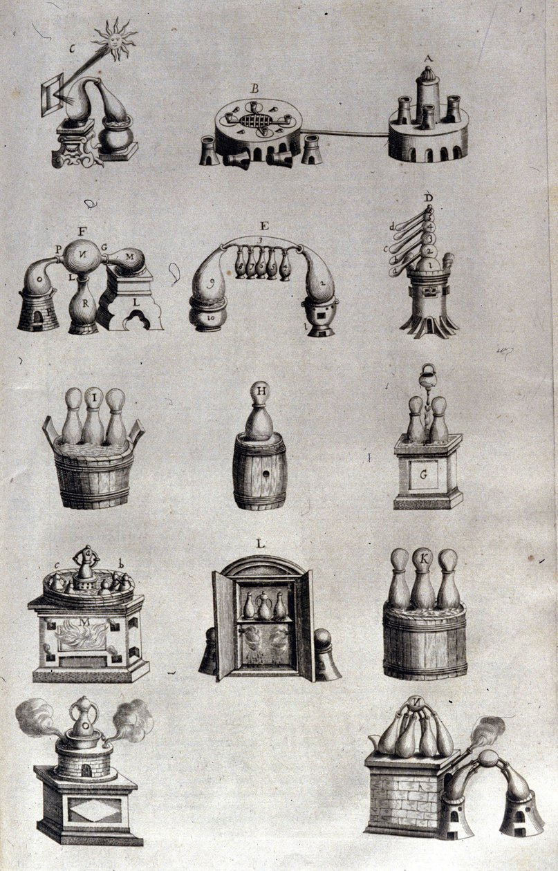 Alkymi: tavle som representerer forskjellige modeller av destillasjonsapparater og destillasjonsapparater. Athanase Kircher (eller Athanasius Kircheri 1602-1680), tysk jesuite. 1600-talls gravering. av Unknown artist