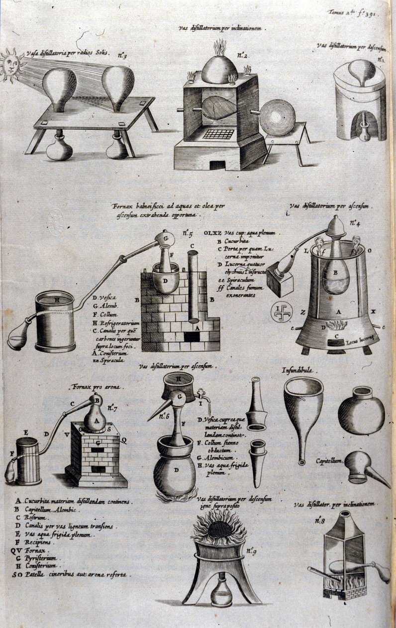Alkymi: tavle som representerer forskjellige modeller av destillasjonsapparater og destillasjonsapparater. Athanase Kircher (eller Athanasius Kircheri 1602-1680), tysk jesuite. 1600-talls gravering. av Unknown artist