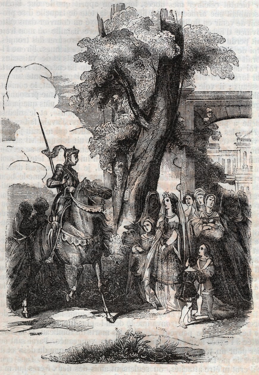 Alcina and her court come to greet Ruggiero - engraving of 1851 from the poem Orlando furioso (1516) by Ludovico Ariosto, - Edition translated from Italian by the Count of Tressan and published by Gustave Harvard 1851 av Unknown artist