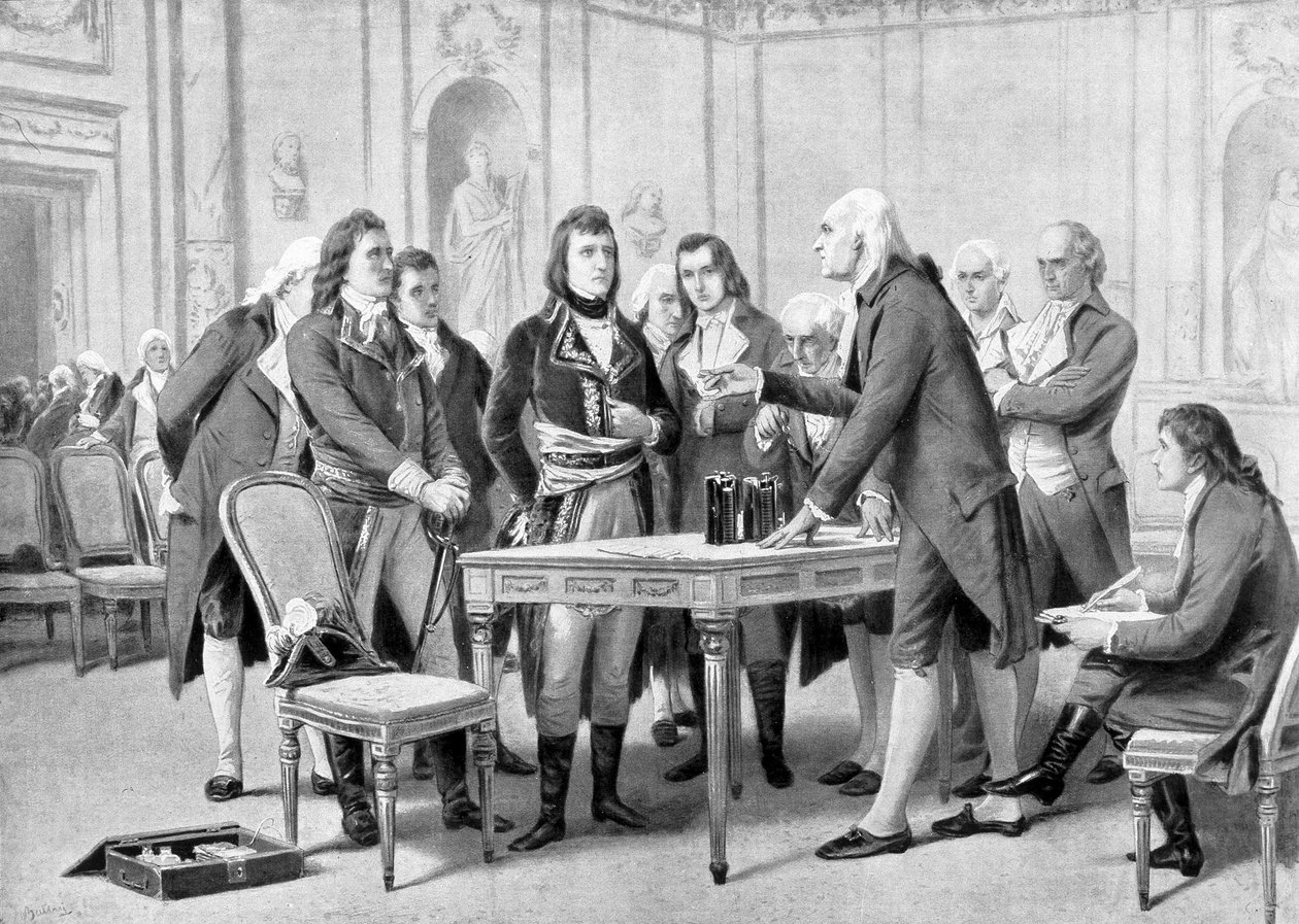 Alessandro (Alexandre) Volta forklarer til Napoleon Bonaparte prinsippet for hans elektriske batteri - i "The Universe and Humanity" av Kraemer av Unknown artist