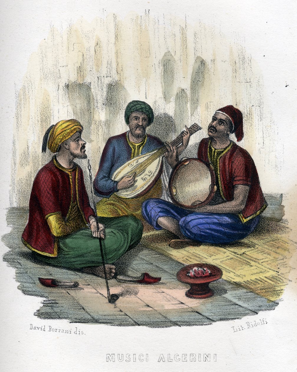 algeriske musikere. i "Ancient and modern Algeria"" av Léon Galibert. Italiensk utgave i 1846 farge. av Unknown artist