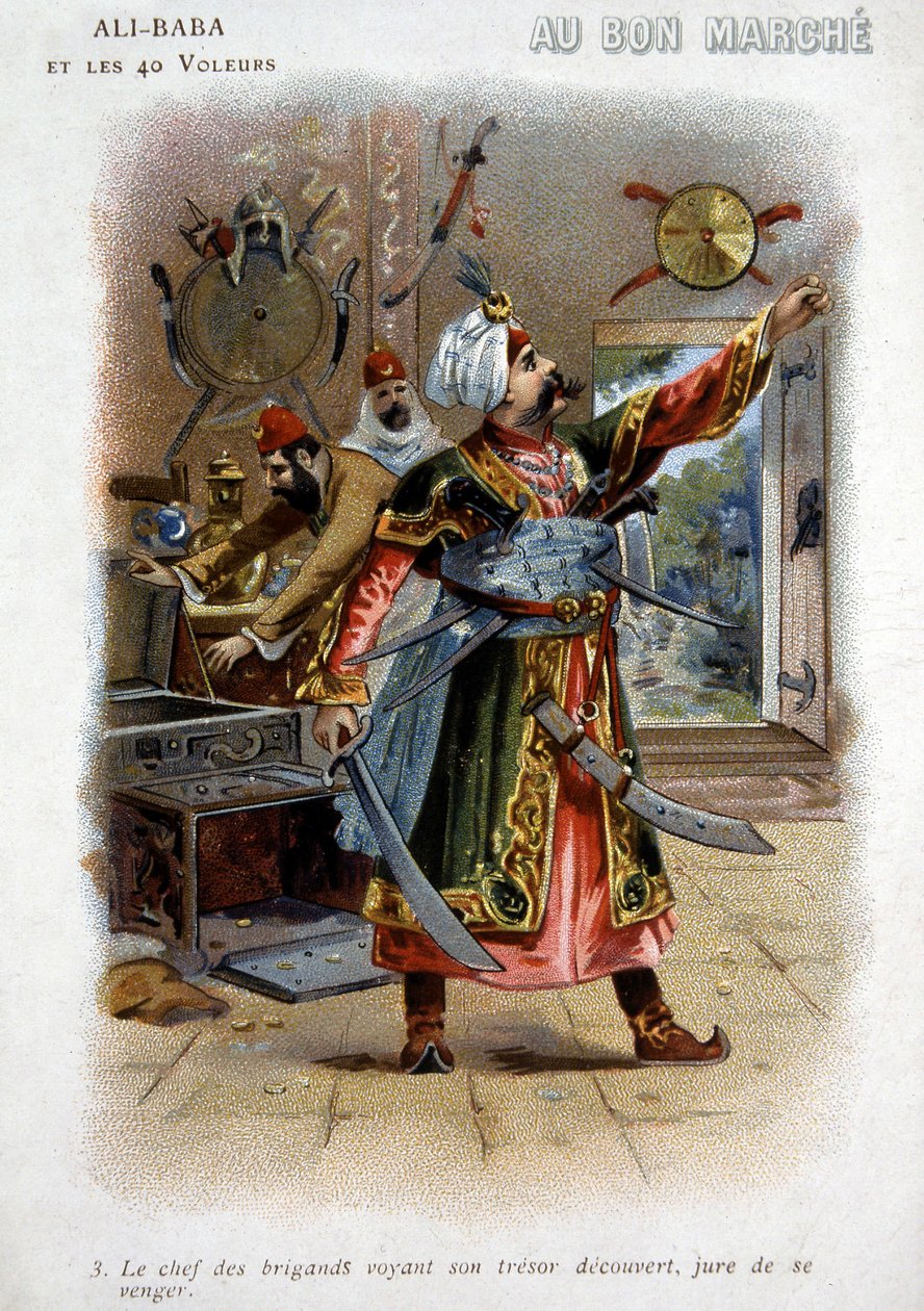Ali - Baba (Ali Baba) og de 40 tyvene (fortellinger om de tusen og én natt): Røversjefen som ser skatten sin avdekket, sverger hevn - Kartong fra "den gode mars", slutten av 1800-tallet av Unknown artist